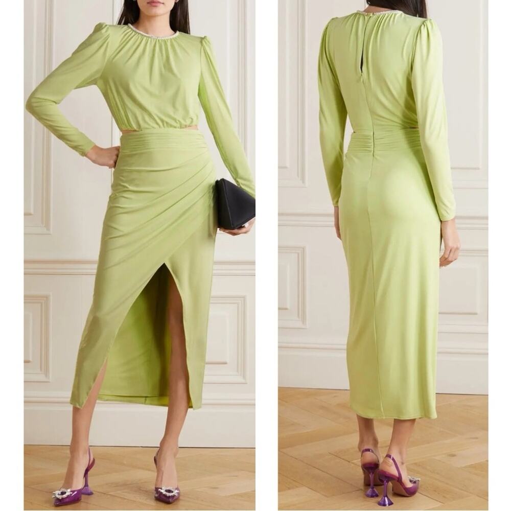 SELF-PORTRAIT Crystal Embellished Cutout Long Sleeve Green Midi Dress Size 4